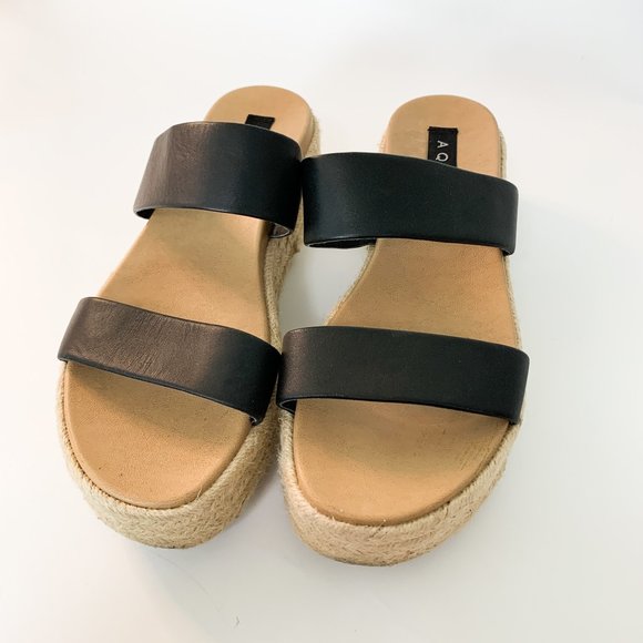 AQUA Ayden Black Leather Espadrille Slide Platform Sandals 10 - Picture 3 of 9